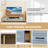 Farmhouse TV stand in oak and gray with transparent doors, 2 drawers, and cable management for TVs up to 80 inches.