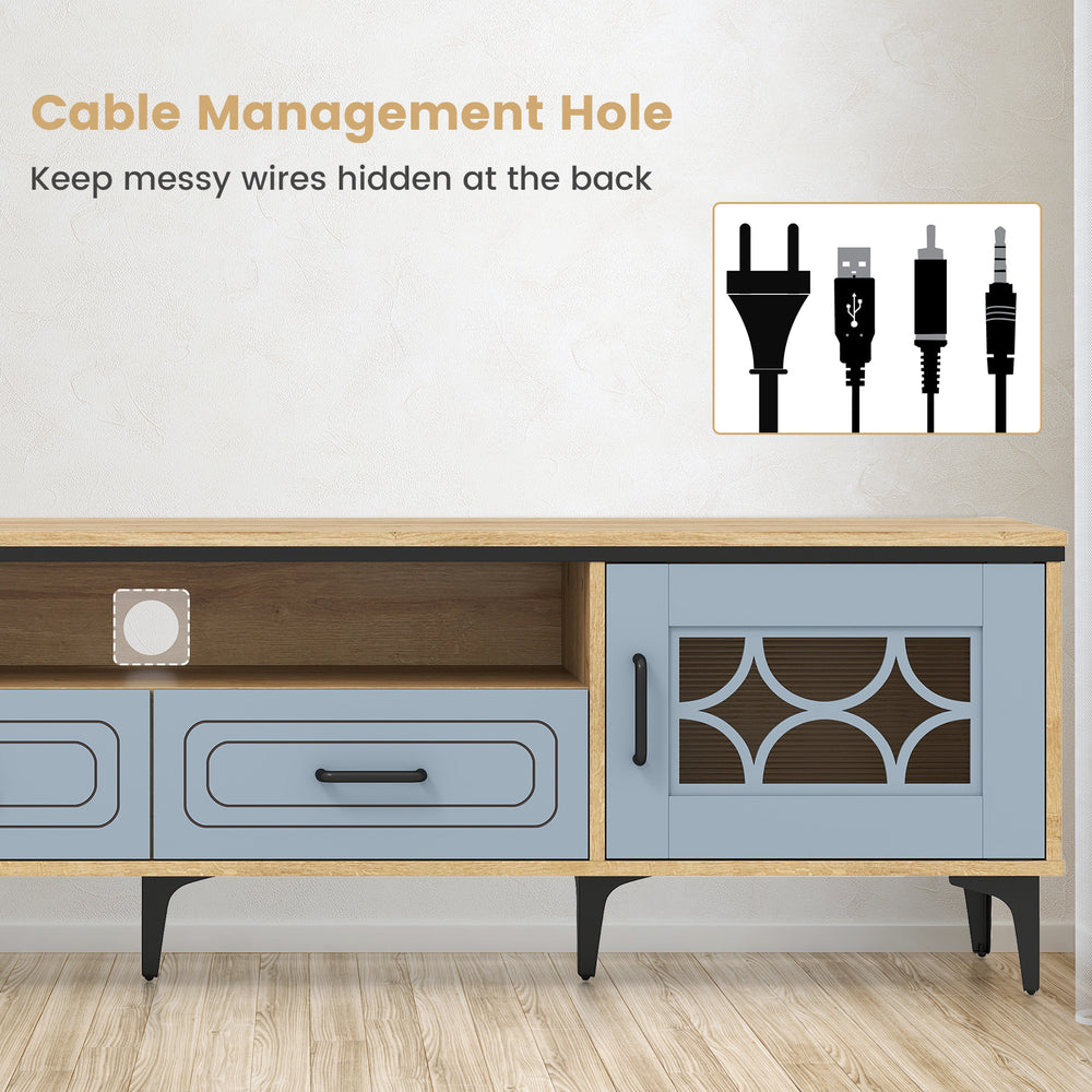 Farmhouse TV stand with cable management hole, oak and gray finish, designed for TVs up to 80 inches, featuring ample.