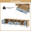 Farmhouse TV stand with oak and gray finish, featuring 2 drawers and 2 cabinets for ample storage, designed for TVs up.