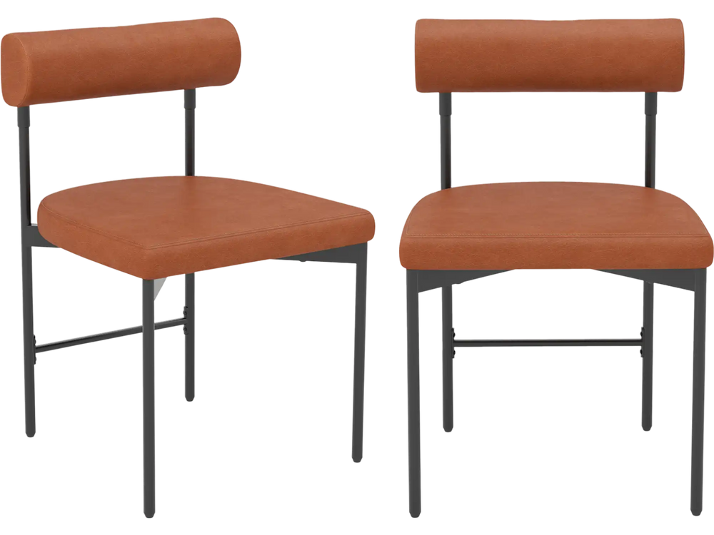 Brown faux leather upholstered kitchen side chairs with curved padded backrest, sturdy metal legs, ideal for dining.