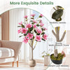Faux wedding flower plant with 18 pink magnolia flowers, PEVA leaves, and sturdy multi-branch trunk in a cement pot.