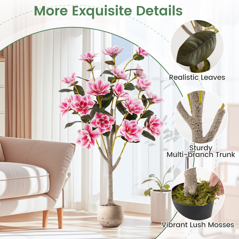 Faux wedding flower plant with 18 pink magnolia flowers, PEVA leaves, and sturdy multi-branch trunk in a cement pot.
