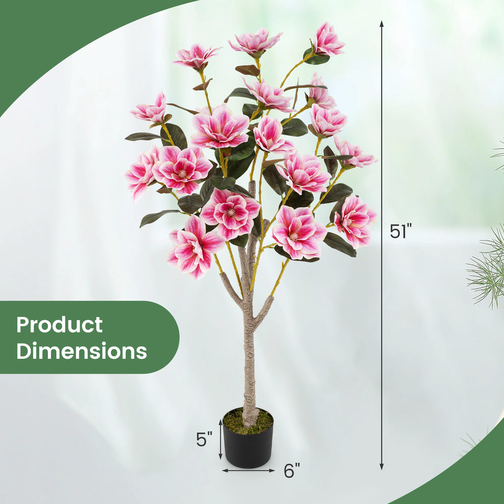 Faux wedding flower plant with 18 pink magnolia flowers, 51" tall, in a sturdy cement pot for elegant indoor decor.