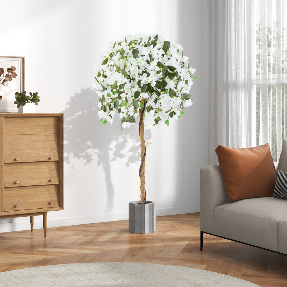 Artificial 4.5 feet azalea tree featuring a sturdy cement pot and lush white flowers, ideal for enhancing indoor spaces.