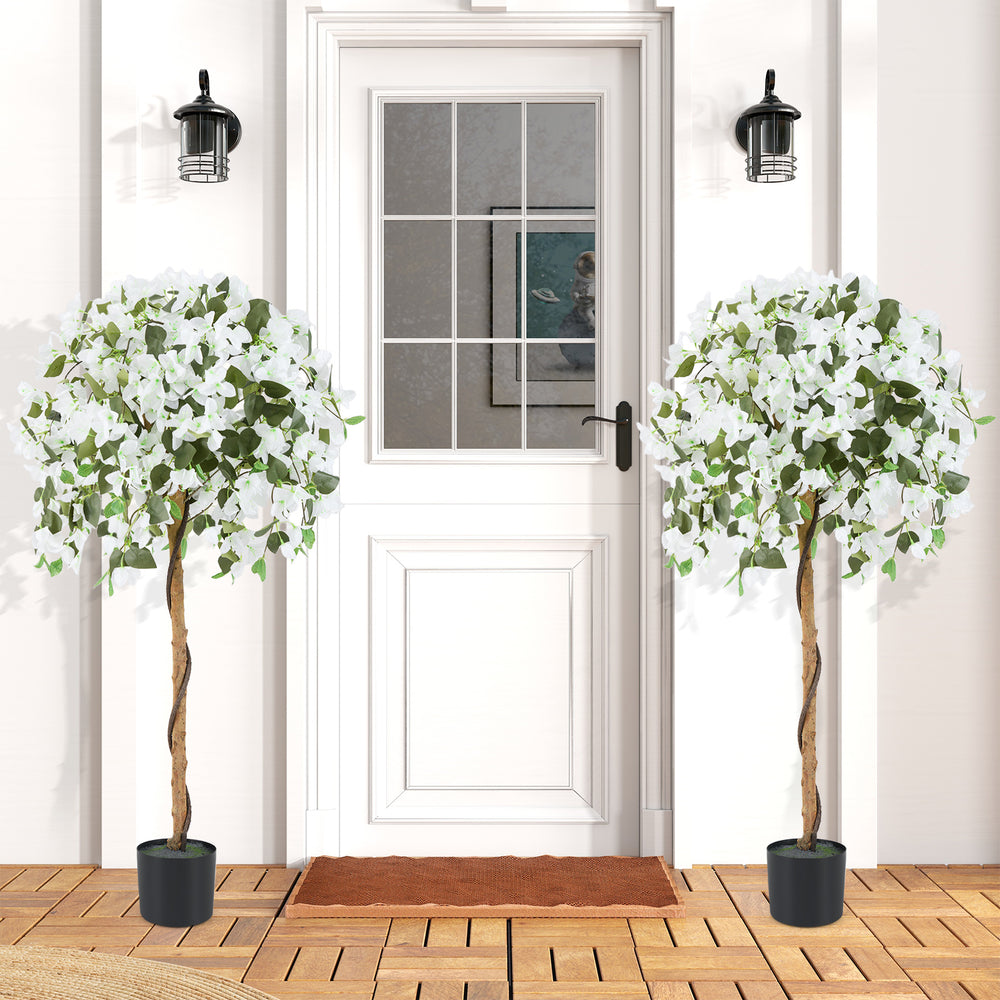 Two 4.5 feet artificial azalea trees with white flowers in cement pots, perfect for indoor decoration and.
