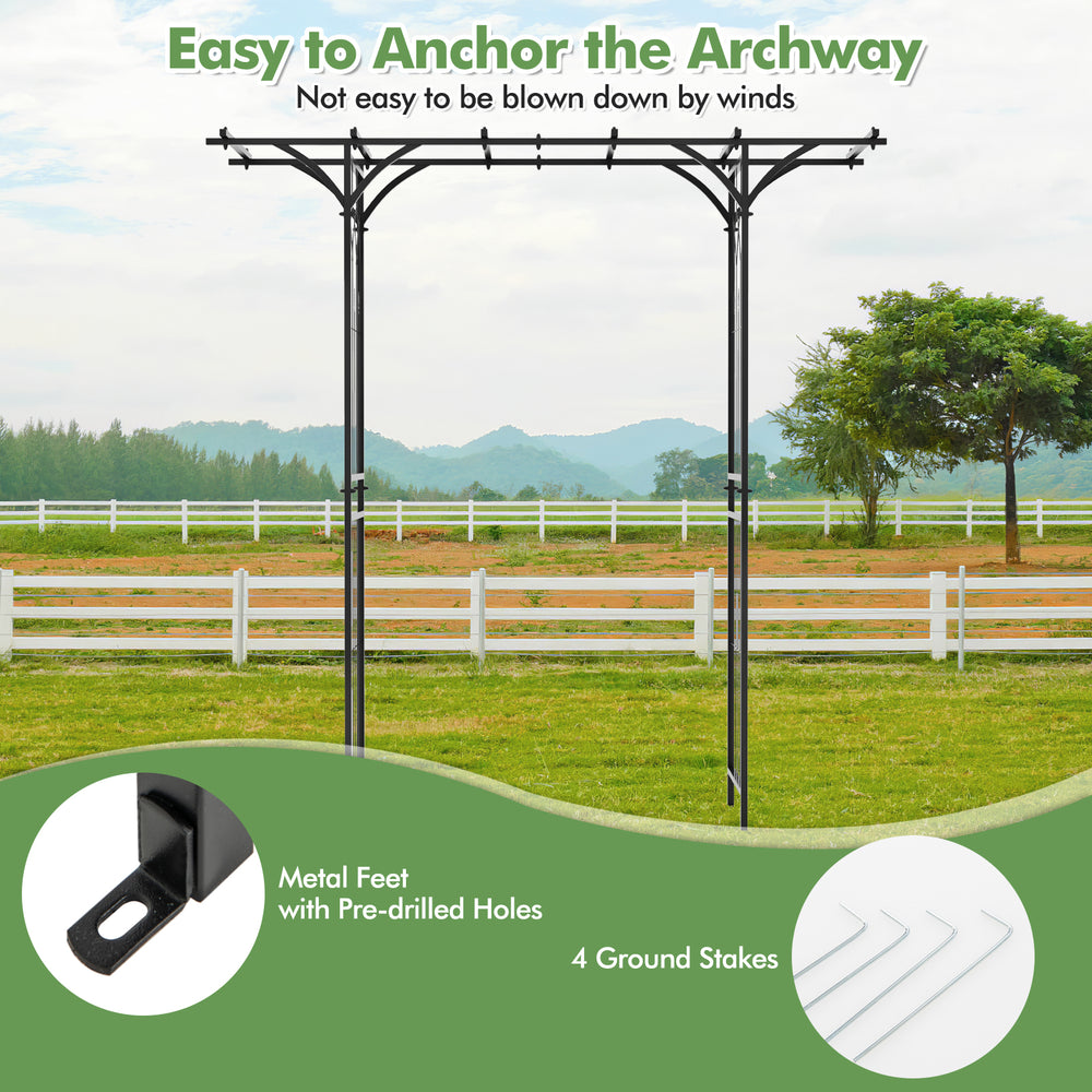 6.8 feet garden arbor with trellises, sturdy metal construction, anchored with pre-drilled feet and 4 ground stakes for.