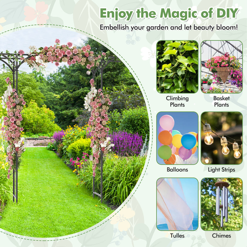 6.8 feet garden arbor with trellises for climbing plants, featuring a decorative arch, ideal for weddings and outdoor.
