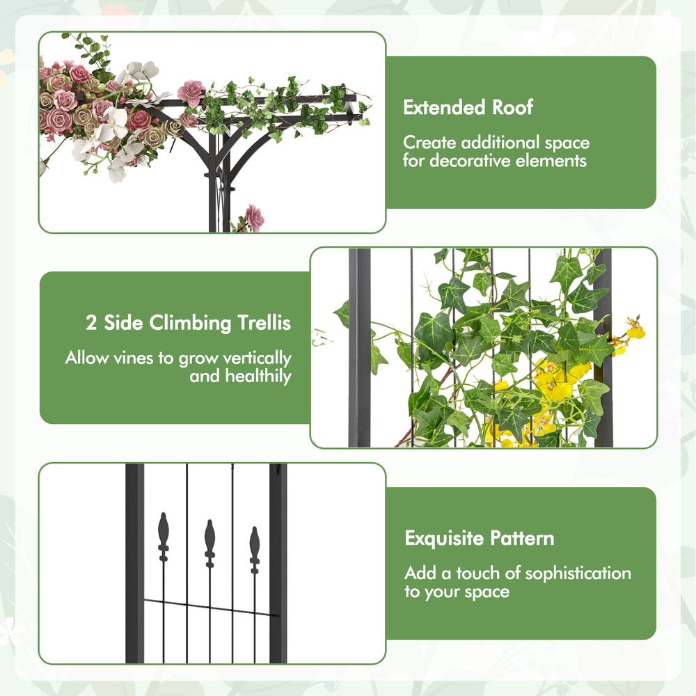 6.8 feet garden arbor with trellises, featuring an extended roof and exquisite patterns, perfect for climbing plants.