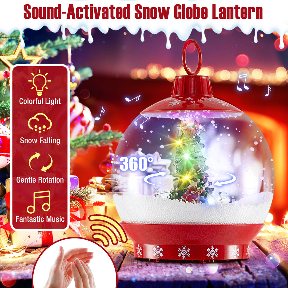 Sound-activated snow globe lantern with colorful lights and falling snow, featuring a festive Christmas scene for.