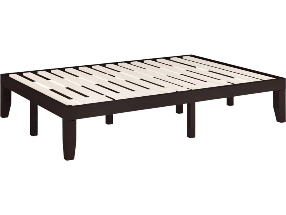 Brown 14-inch full size wood platform bed frame with slat support, featuring sturdy legs and under-bed storage space.