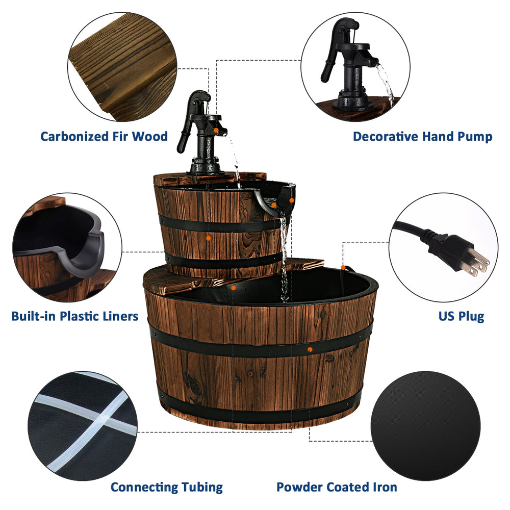 Two-tier outdoor wooden barrel waterfall fountain with pump, made of carbonized fir wood and powder-coated iron, for.