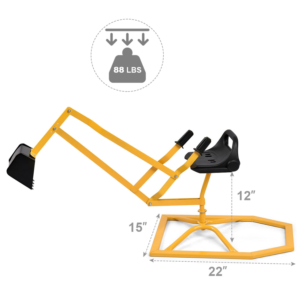 Heavy duty kid ride-on sand digging digger with sturdy steel frame, 360° rotatable seat, and secure trapezoid base.