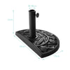 Half round outdoor patio umbrella base with ornate flower design, made of rust-free resin, adjustable for stability.