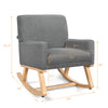 Gray upholstered rocking chair with solid wood base, ergonomic design, and cushioned seat for comfort and stability.
