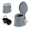 Portable 5L travel toilet in gray with removable inner bucket and paper holder, ideal for camping and outdoor.