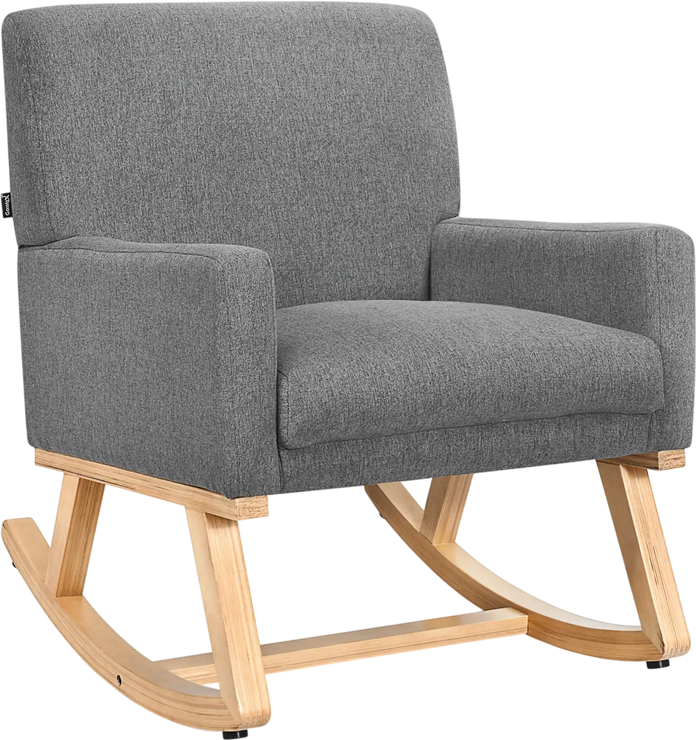 Gray upholstered rocking chair with solid wood base, showcasing cozy armrests and a cushioned seat for enhanced.