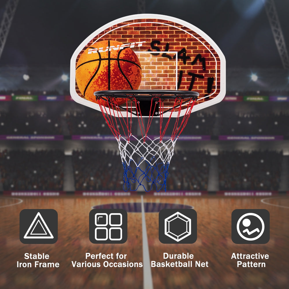 Wall mounted basketball hoop with durable polypropylene backboard and heavy-duty iron frame, perfect for indoor play.