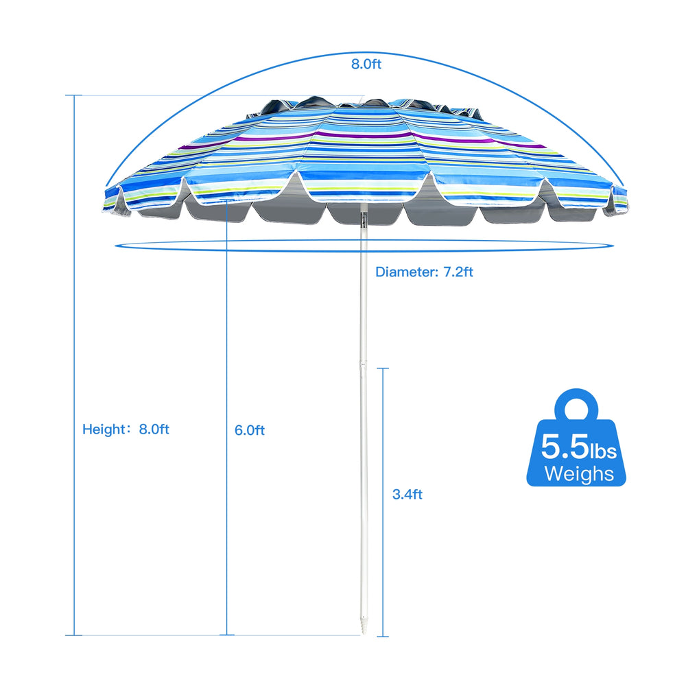 8FT portable beach umbrella in blue with tilt mechanism, sand anchor, and sturdy fiberglass ribs for outdoor use.