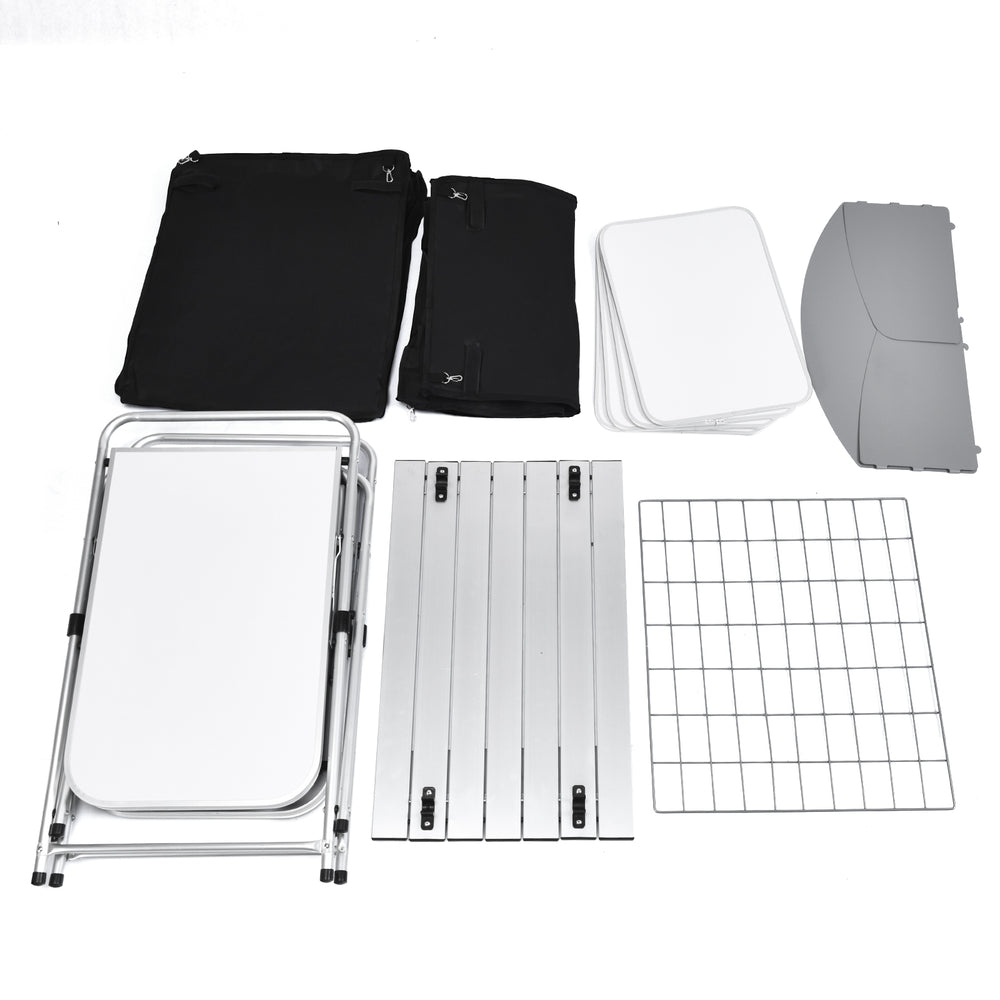 Folding camping table with storage organizer, featuring a large countertop and side tables, packed in a carry bag for.