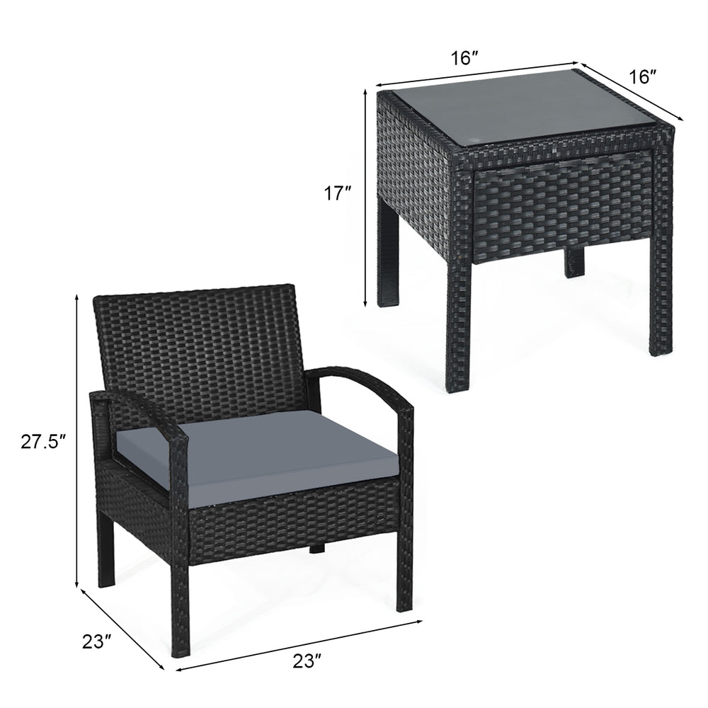 Single chair from the 3-piece outdoor rattan patio conversation set with gray cushion, ideal for backyard relaxation.