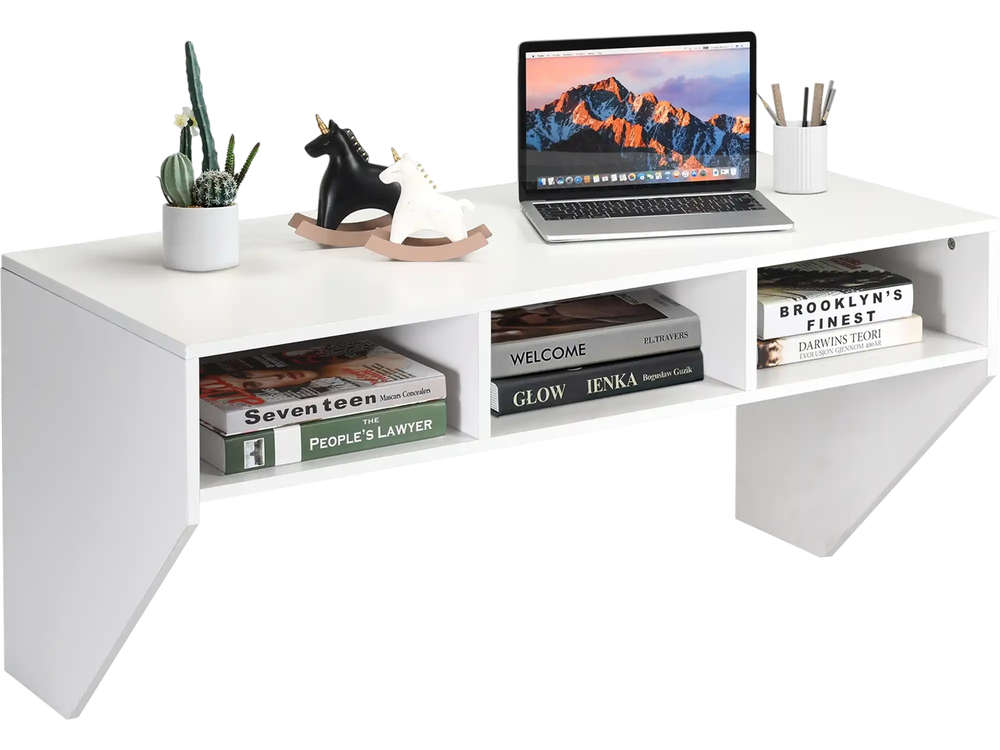 Wall-mounted floating desk in white featuring a spacious tabletop, ideal for laptops and accessories with a modern.