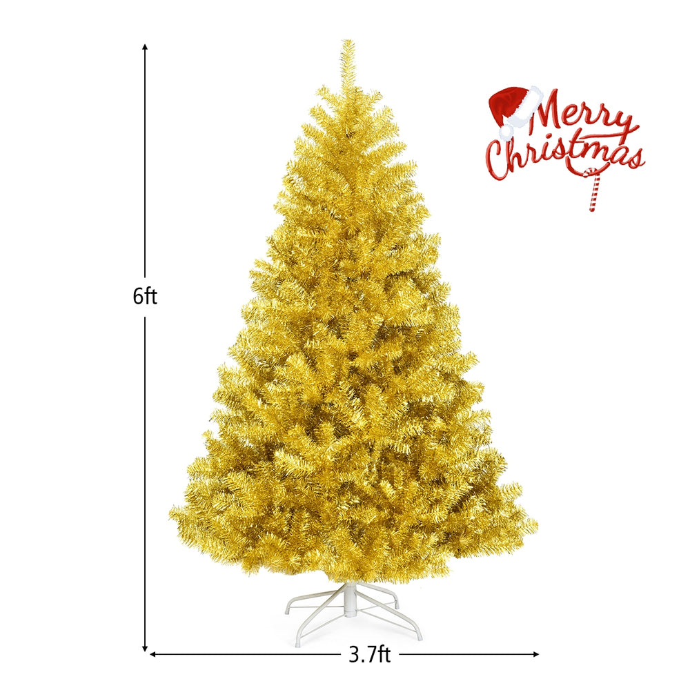Champagne gold 6 ft artificial tinsel Christmas tree with hinged design and sturdy metal stand for festive decoration.