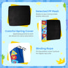 Kids 36" square trampoline with foamed handrail, safety cover, and colorful letter patterns for indoor and outdoor fun.