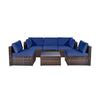 L-shaped patio rattan sofa set with navy cushions, featuring a sturdy design and glass coffee table for outdoor comfort.