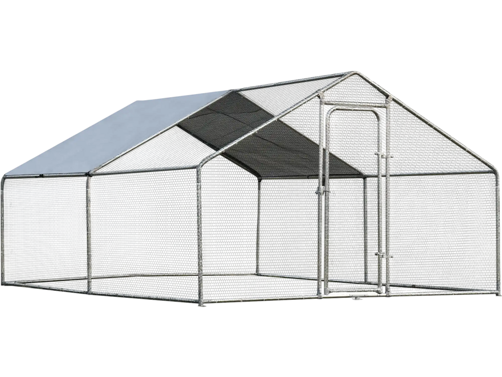 Large walk-in chicken coop with roof cover, featuring a galvanized steel frame and PVC coated hexagonal wire mesh for.