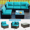 Turquoise cushioned patio rattan furniture set with glass table, includes 2 armless sofas and 2 corner sofas for.