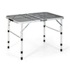 Folding aluminum grill table with iron mesh top, adjustable height, and non-slip foot pads, ideal for outdoor camping.