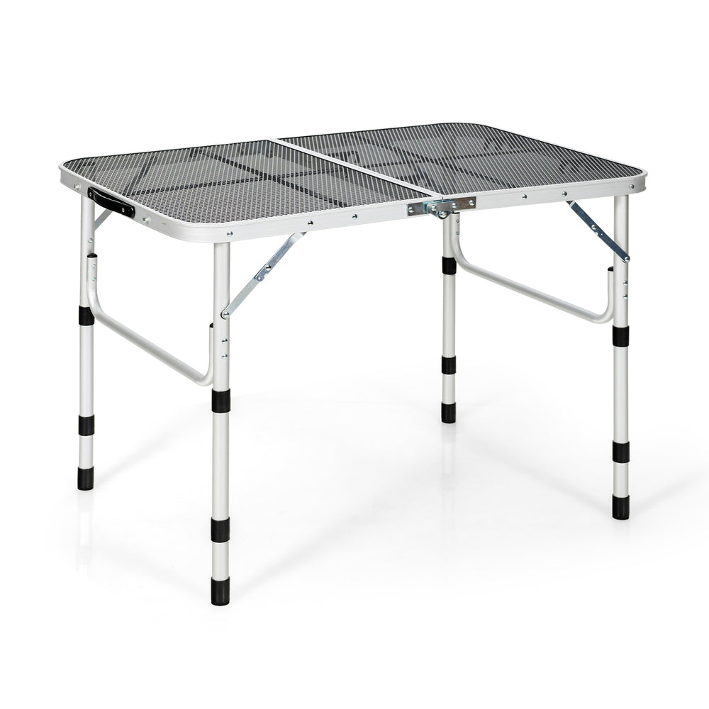 Folding aluminum grill table with iron mesh top, adjustable height, and non-slip foot pads, ideal for outdoor camping.