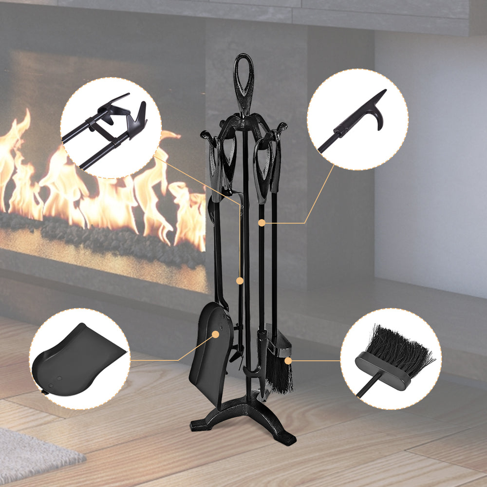 5-piece rustic wrought iron fireplace tools set with fire clamp, hook, brush, and shovel for organized fireside use.