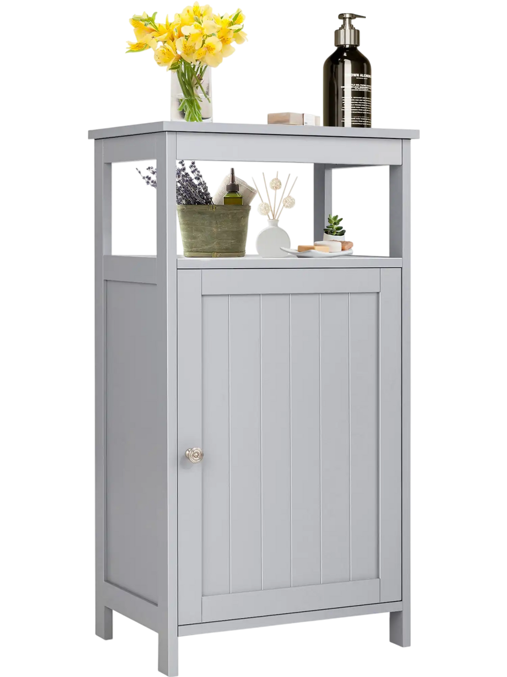 Gray bathroom wooden floor cabinet with multifunction storage rack, featuring adjustable shelves and sturdy MDF.