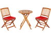 Round coffee table made of solid acacia wood, complementing two ergonomic folding chairs with red cushions for outdoor.