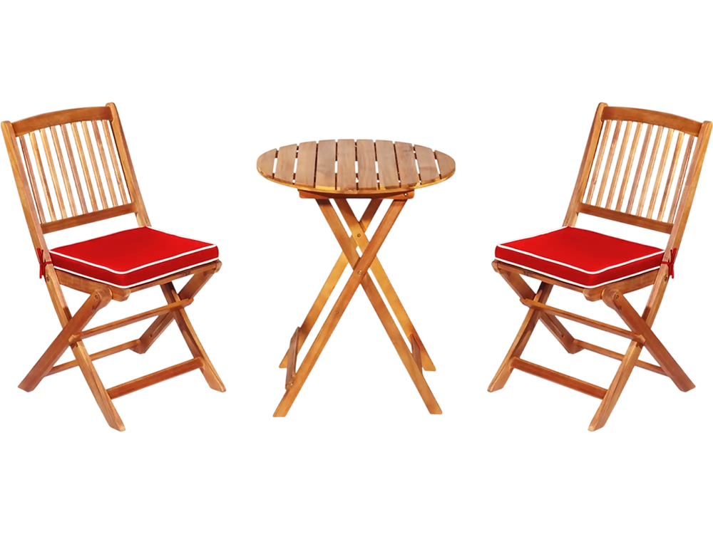 Round coffee table made of solid acacia wood, complementing two ergonomic folding chairs with red cushions for outdoor.