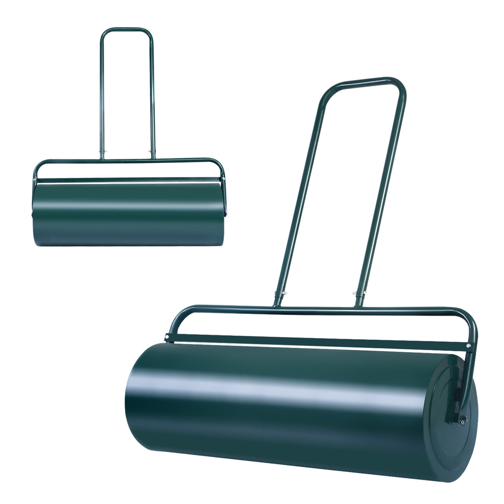 Tow lawn roller with U-shaped handle, 36 x 12 inches, water-filled for leveling gardens and patios, lightweight steel.