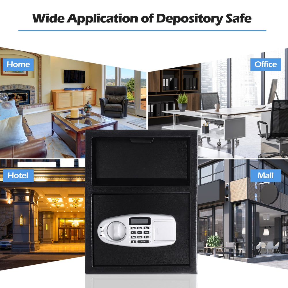 Front view of the Digital Deposit Safe Box with a keypad, ideal for secure cash and valuables storage at home or office.