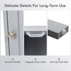 Close-up of the smooth handle and magnetic door latch on a gray bathroom wooden floor cabinet for easy access.