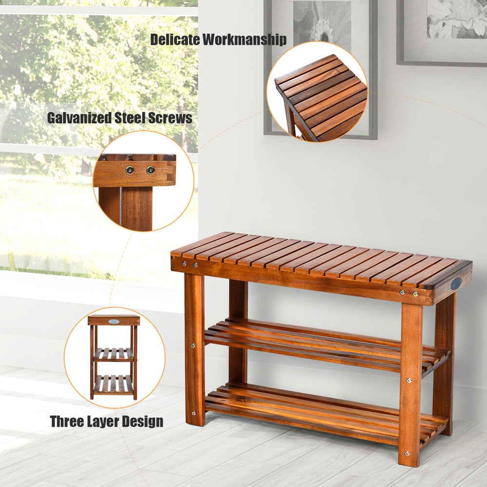Freestanding acacia wood bench with three-tier shelves, highlighting delicate workmanship and ergonomic design for.