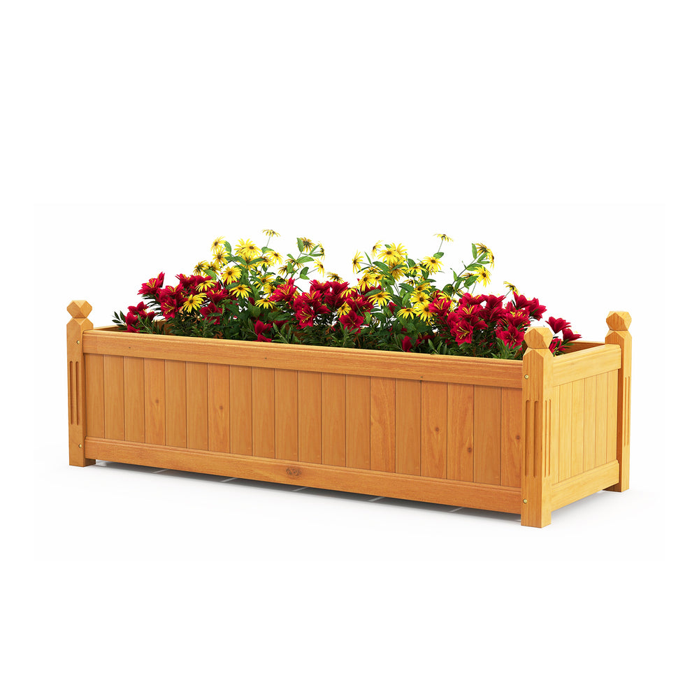 Wooden rectangular garden bed made of fir wood with drainage system, featuring vibrant flowers, ideal for outdoor.