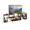 L-shaped and rectangular shelves of a brown console TV stand for TVs up to 65 inches, featuring spacious storage.