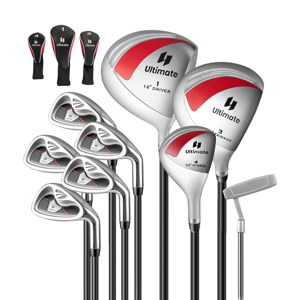 Women's 9-piece complete golf club set in red, featuring lightweight shafts, head covers, and a stylish design for.
