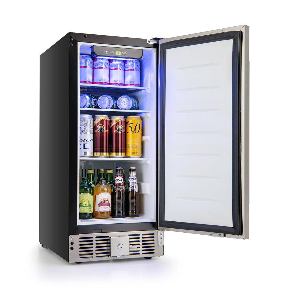 Compact refrigerator with stainless steel door, adjustable shelves, and LED lights, perfect for efficient cooling.