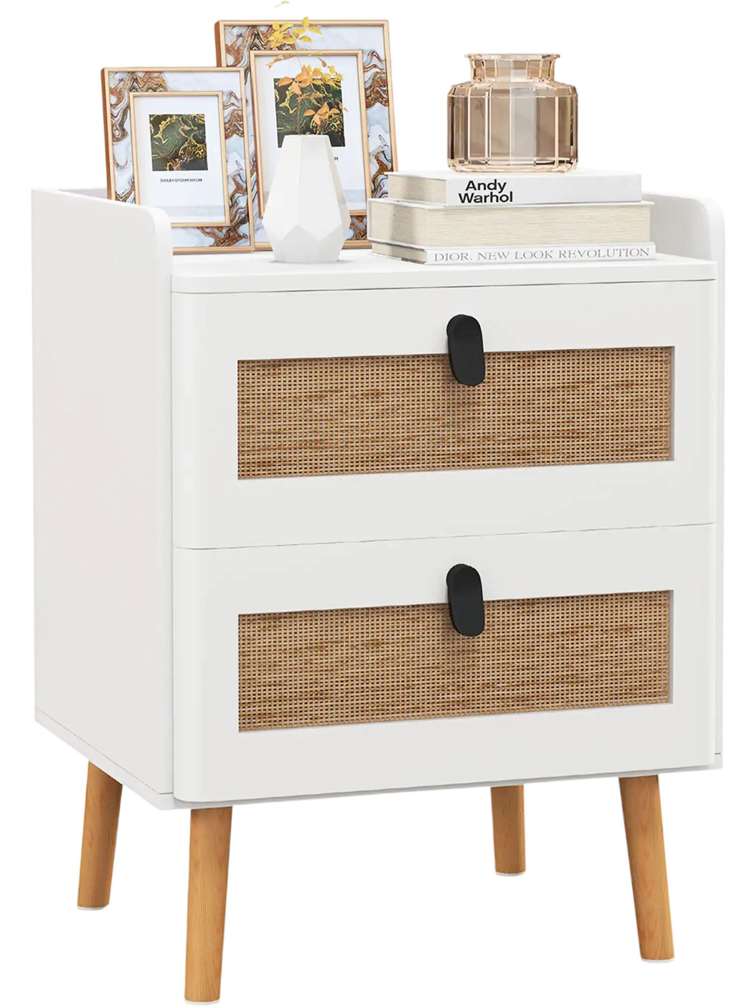 Costway Modern End Table Bedside Nightstand w/ 2 Rattan Drawers 96123478 New