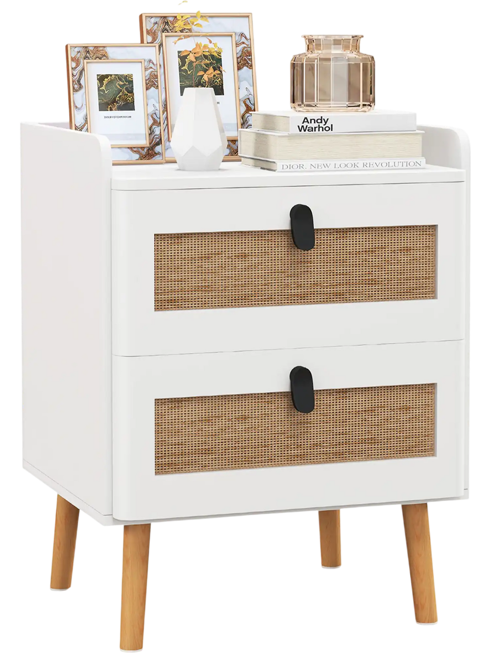 Modern end table in white featuring two rattan-decorated drawers and a spacious tabletop, ideal for home decor.