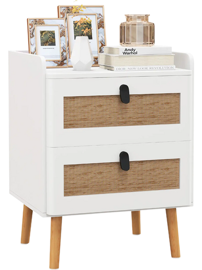 Costway Modern End Table Bedside Nightstand w/ 2 Rattan Drawers 96123478 New