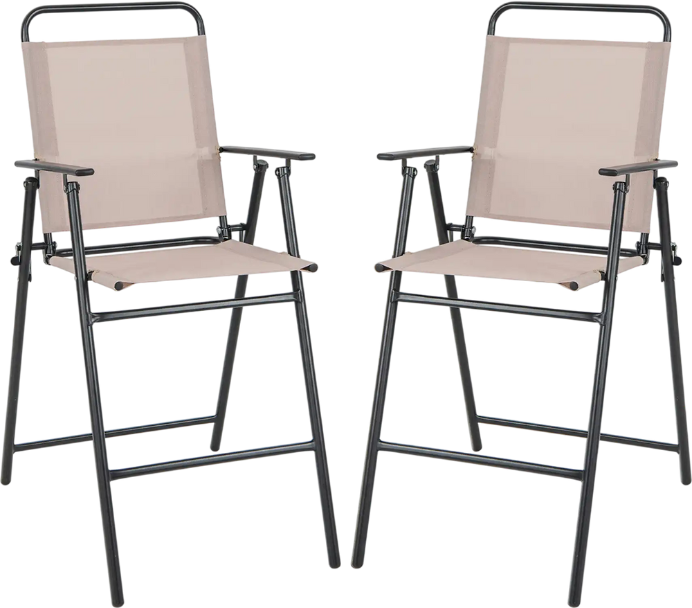 Set of 2 beige patio folding bar-height chairs with armrests, featuring breathable mesh and sturdy metal frame for.