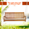 2-person hanging porch swing bench with a solid wood frame and cushion, featuring a beautiful wood finish for outdoor.