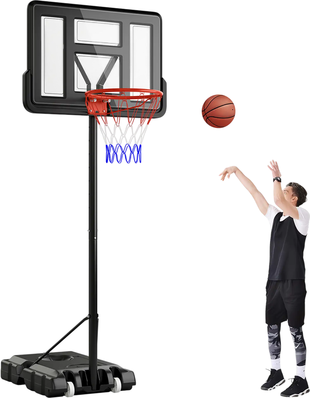 Portable basketball hoop with adjustable height, 44" backboard, and fillable base for stability, suitable for all ages.